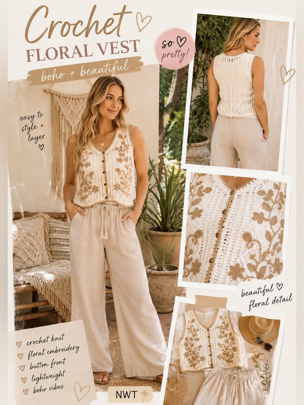 016 New Boho Crochet Floral Vest New
